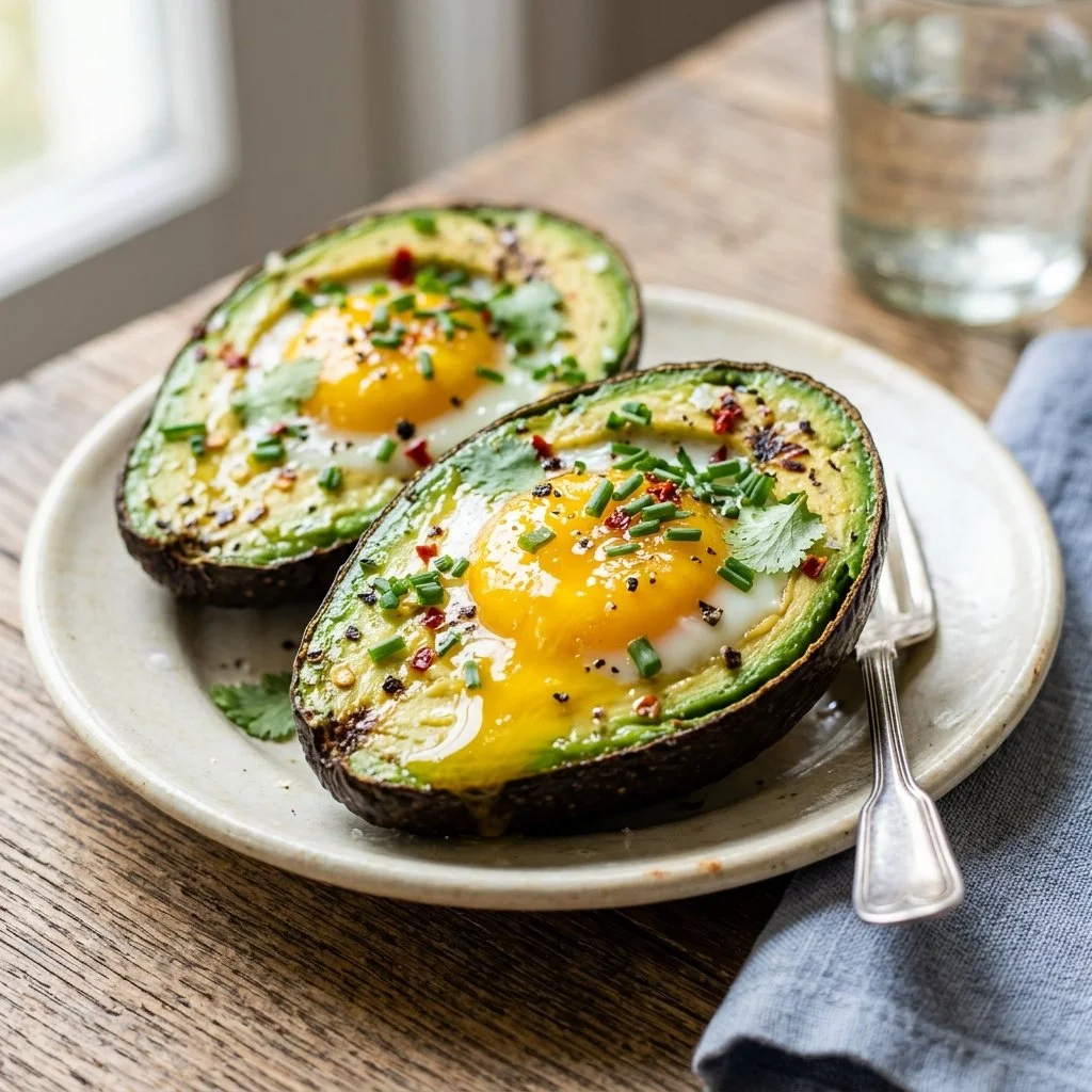Healthy Baked Egg Avocado Boats topped with herbs and spices