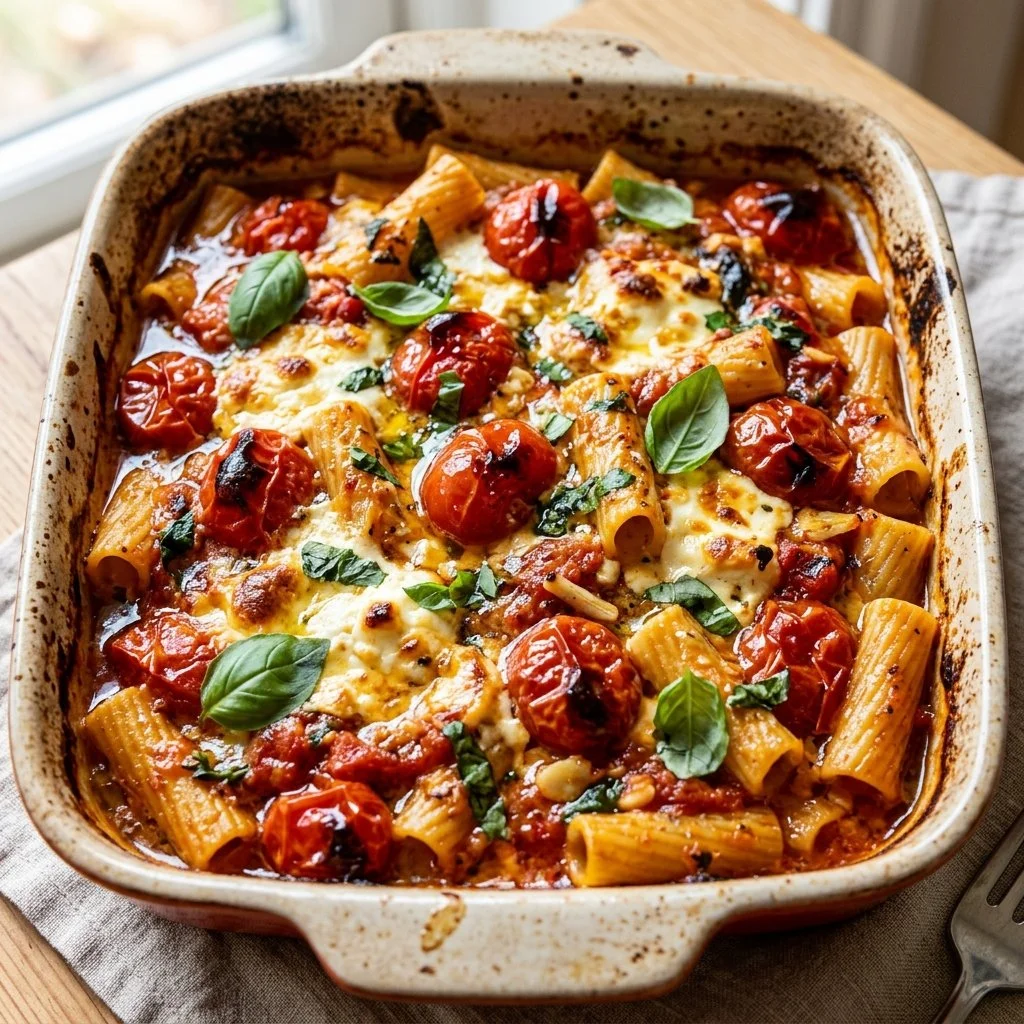 Delicious baked feta pasta dish with cherry tomatoes and herbs