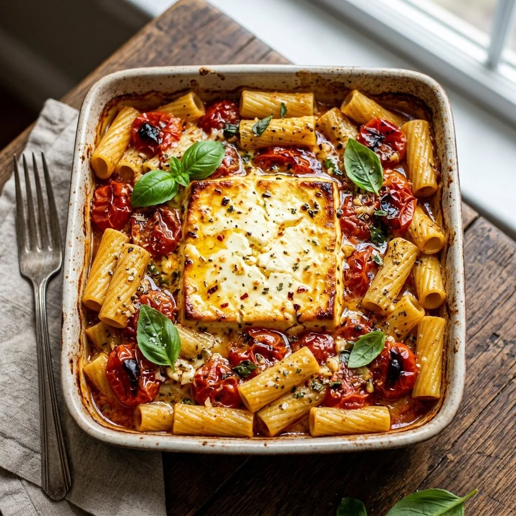 Delicious baked feta pasta served with fresh basil and tomatoes
