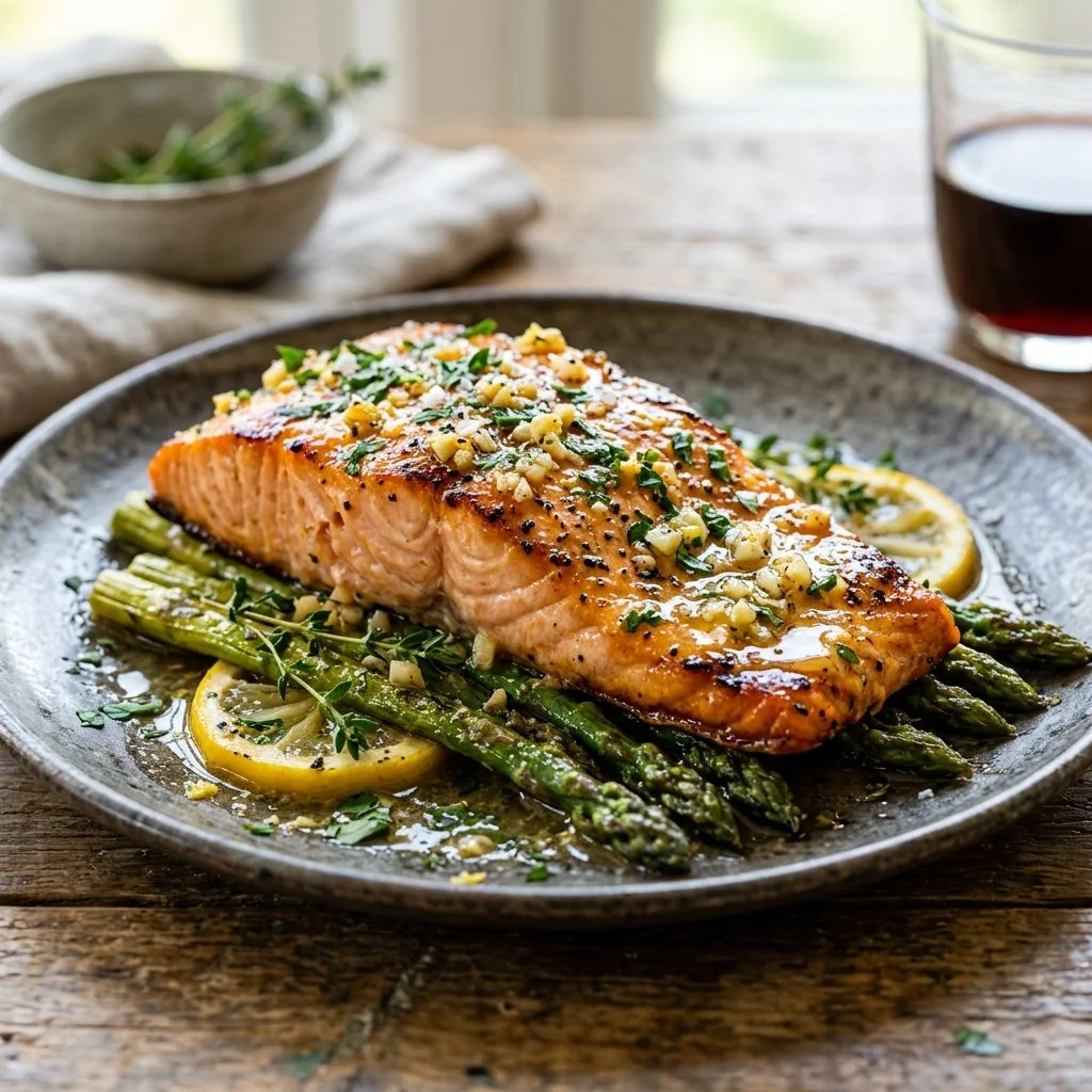Baked garlic butter salmon served with herbs and lemon on a plate.