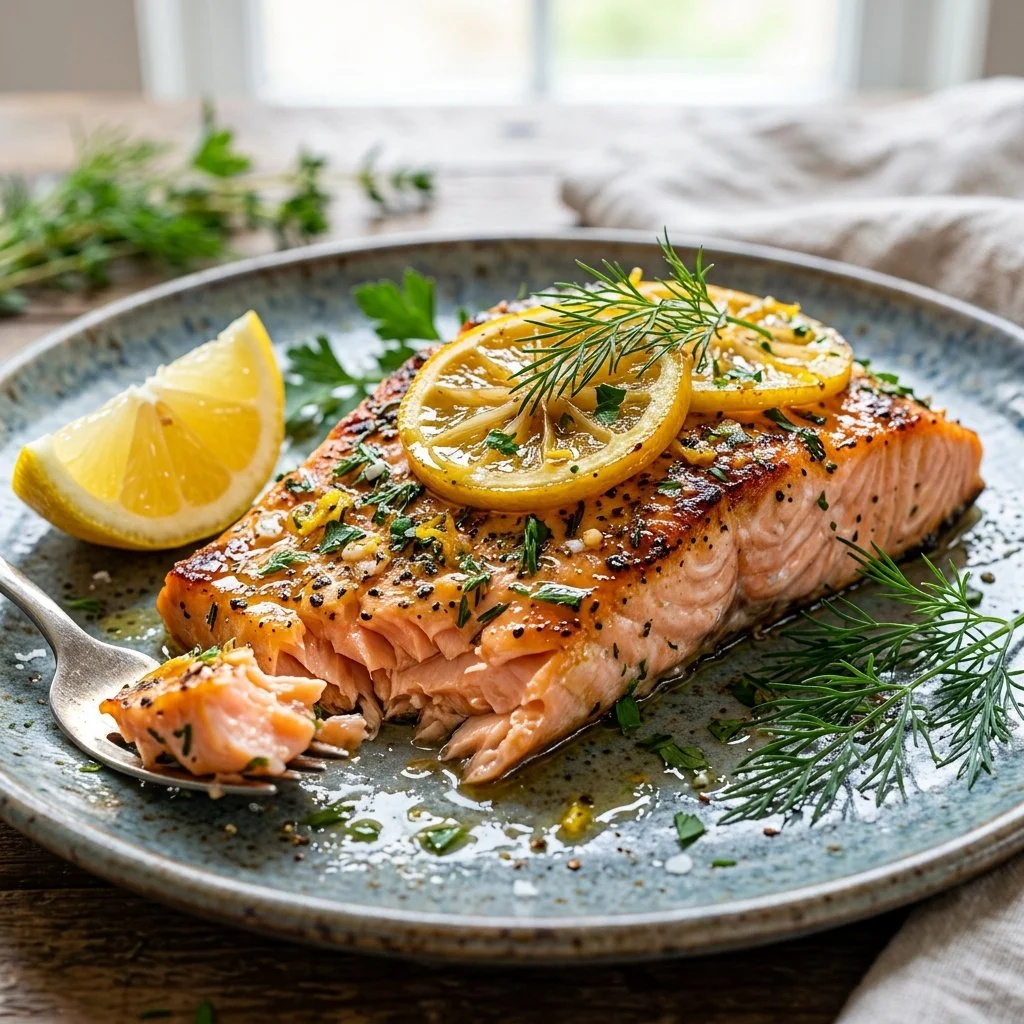 Baked Lemon Herb Salmon garnished with fresh herbs and lemon slices on a plate