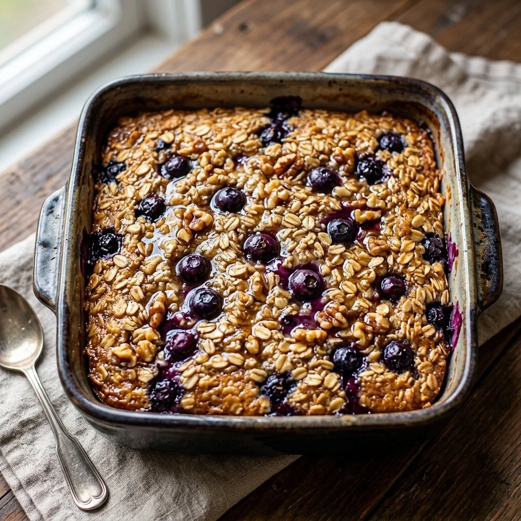 Delicious baked oatmeal topped with fresh fruits and nuts.