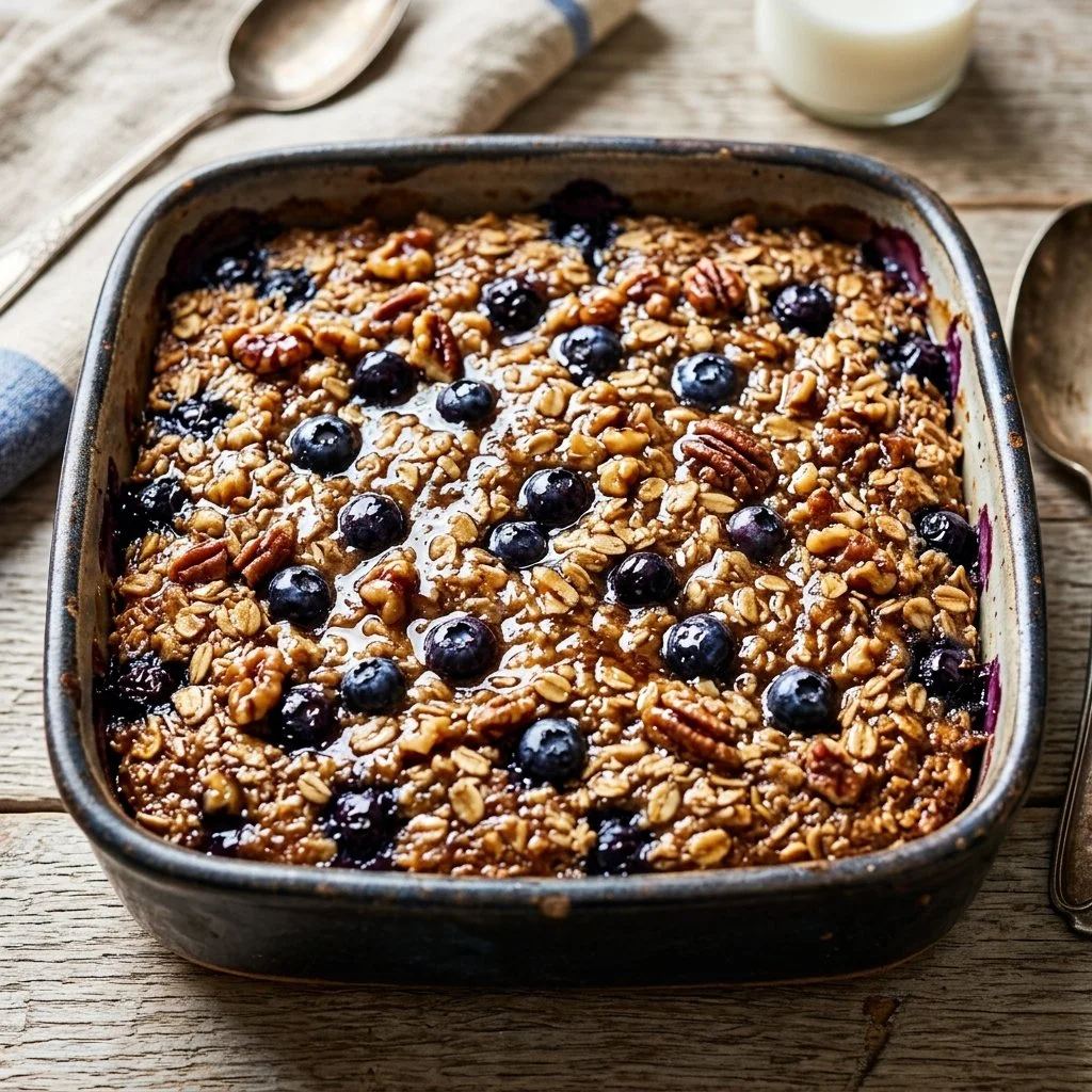 A slice of baked oatmeal topped with fruits and nuts for a healthy breakfast