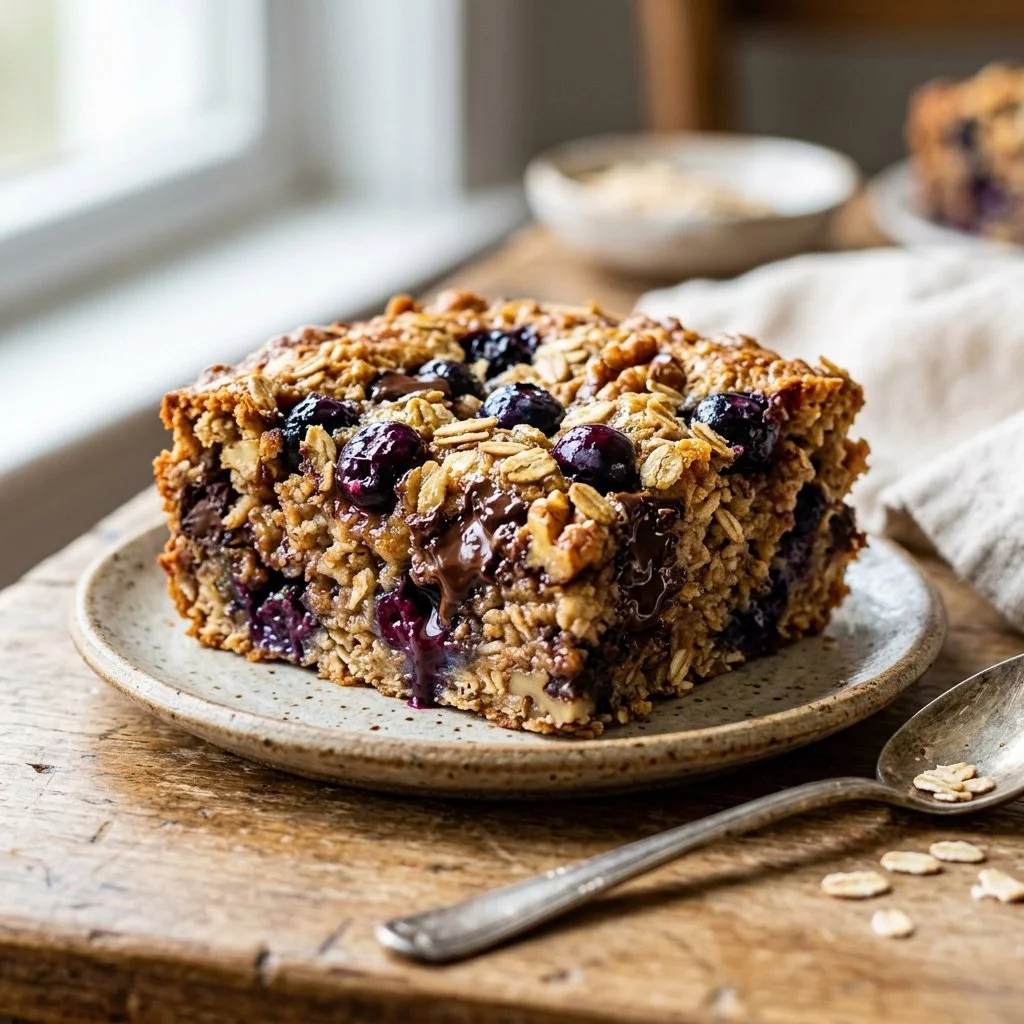 Healthy baked oatmeal bars topped with fruits and nuts