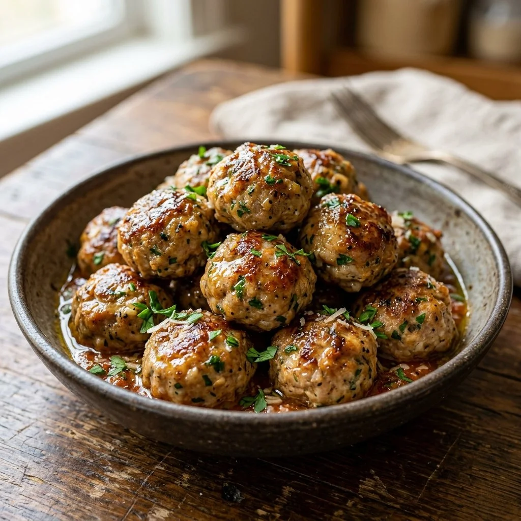 Savory baked turkey meatballs served with marinara sauce and fresh herbs
