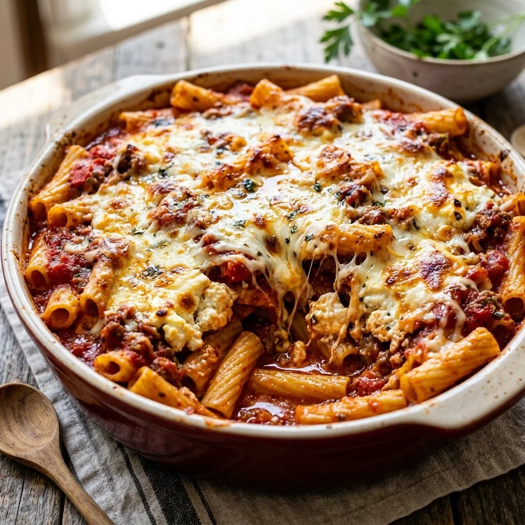 Delicious baked ziti with cheese and marinara sauce in a casserole dish