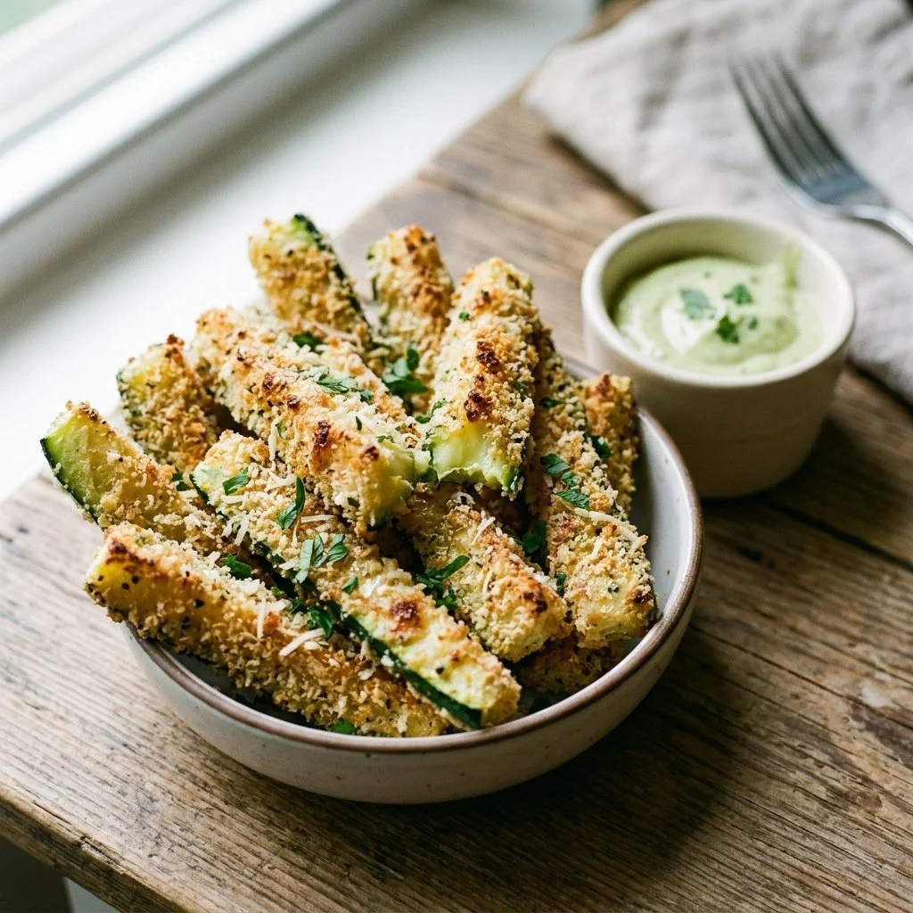 Crispy baked zucchini fries served with dip on a plate