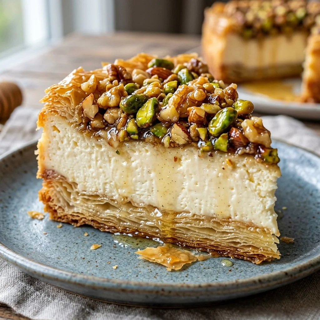 Delicious Baklava Cheesecake topped with nuts and honey.