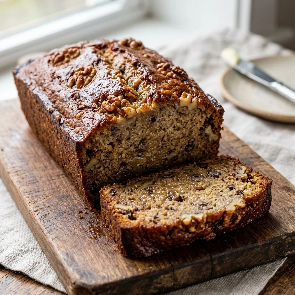 A loaf of freshly baked banana bread on a wooden cutting board