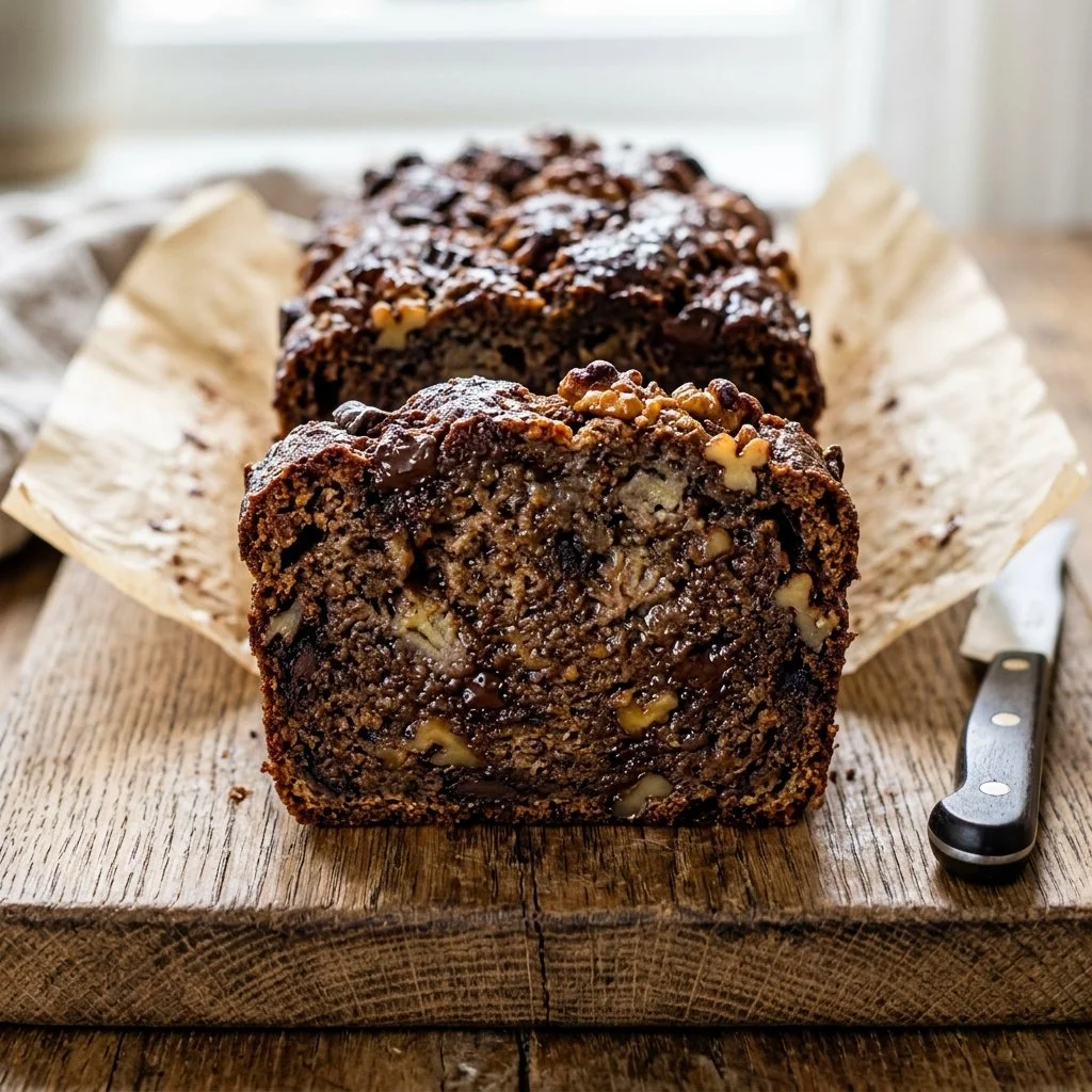 Freshly baked banana bread loaf on a wooden cutting board