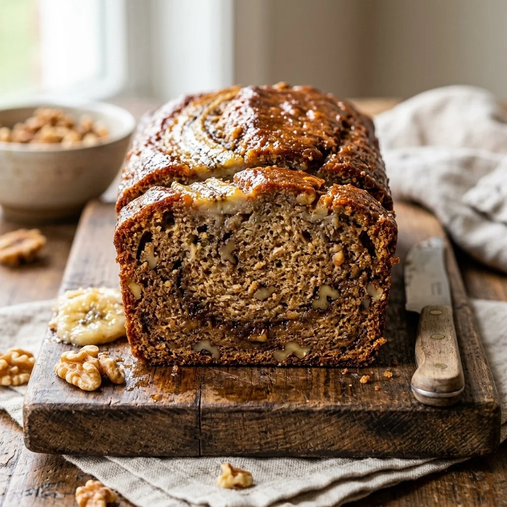 Freshly baked banana bread loaf with sliced pieces on a wooden table