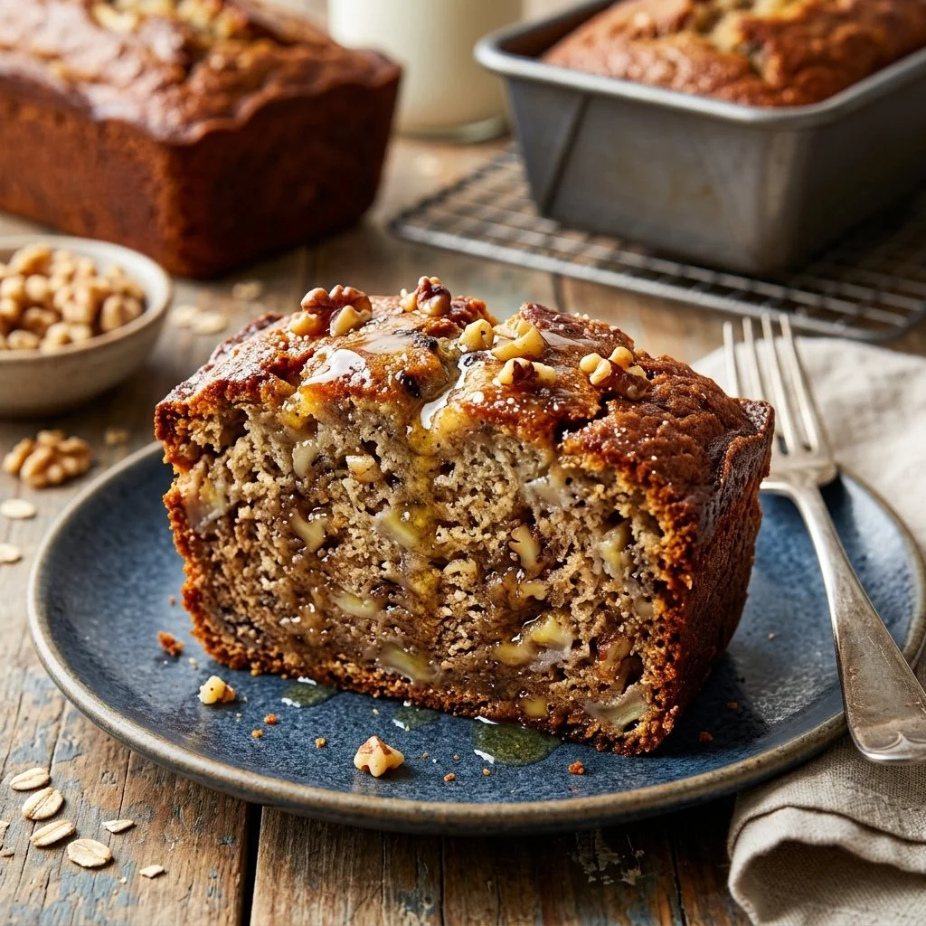 Freshly baked banana bread loaf on a wooden table
