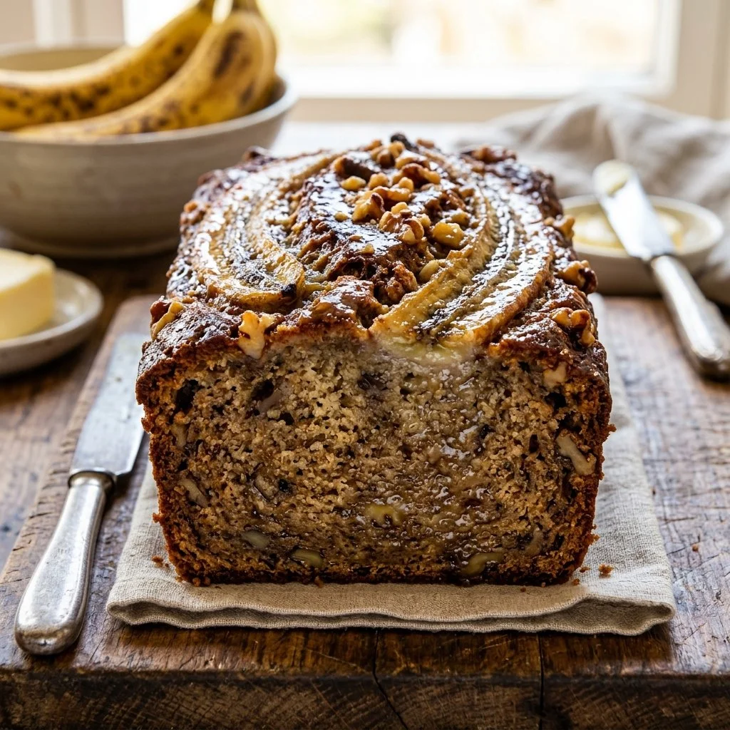 Freshly baked banana bread loaf on a wooden cutting board