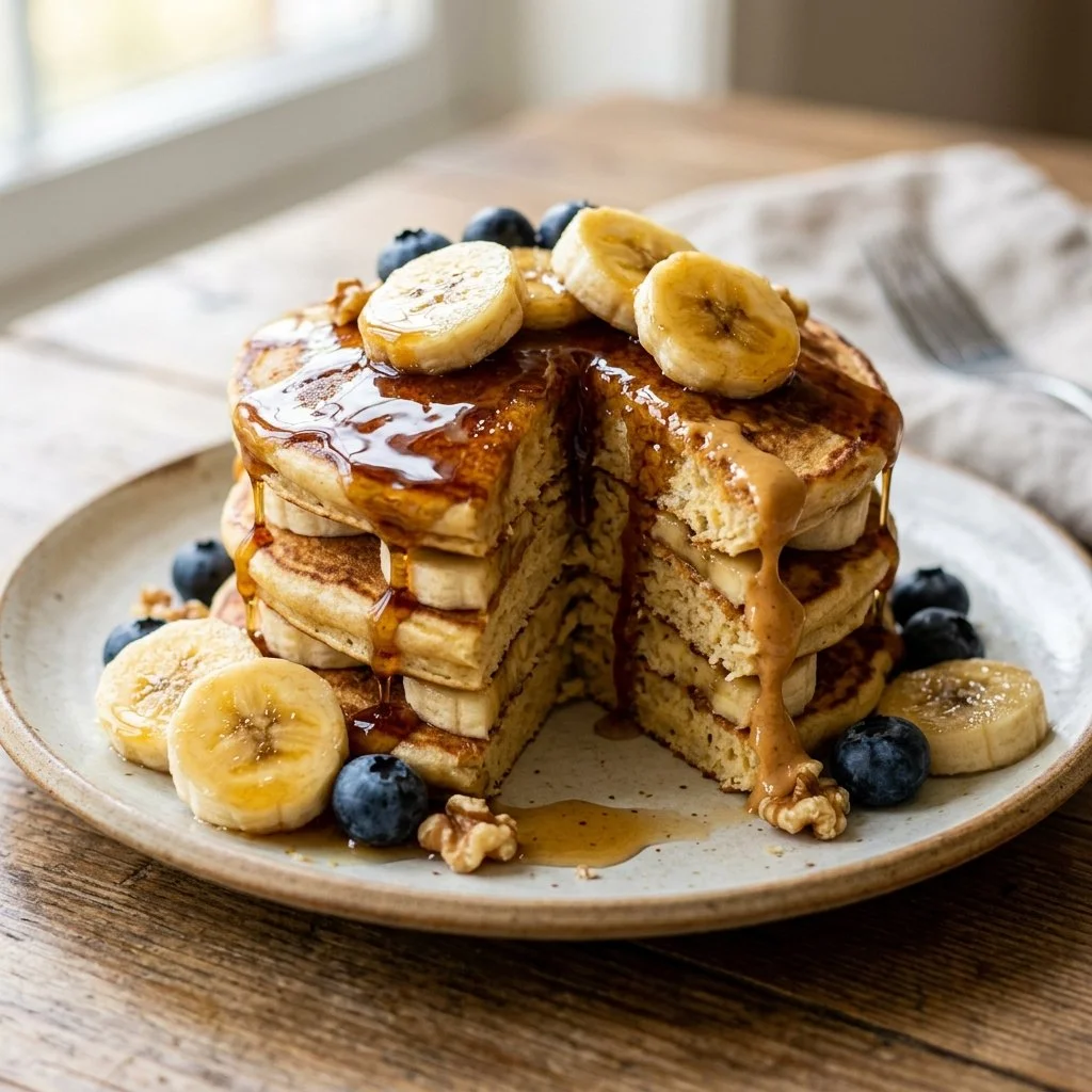 Fluffy Banana Protein Pancakes topped with strawberries and honey