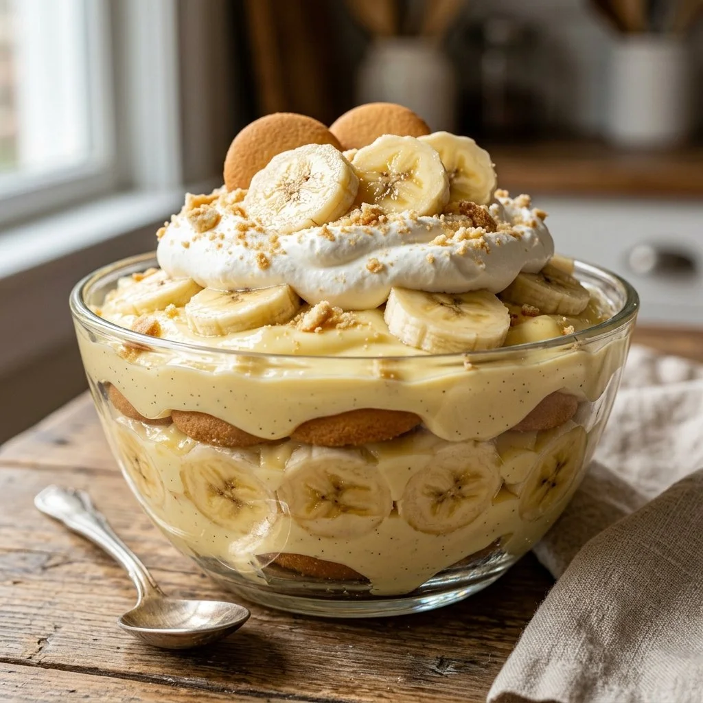 Delicious banana pudding served in a glass bowl layered with bananas and whipped cream.