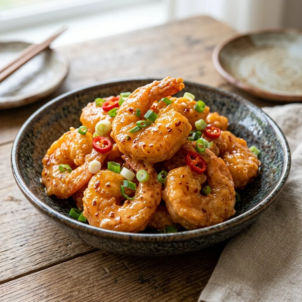 Plate of Bang Bang Shrimp with creamy sauce and garnishes