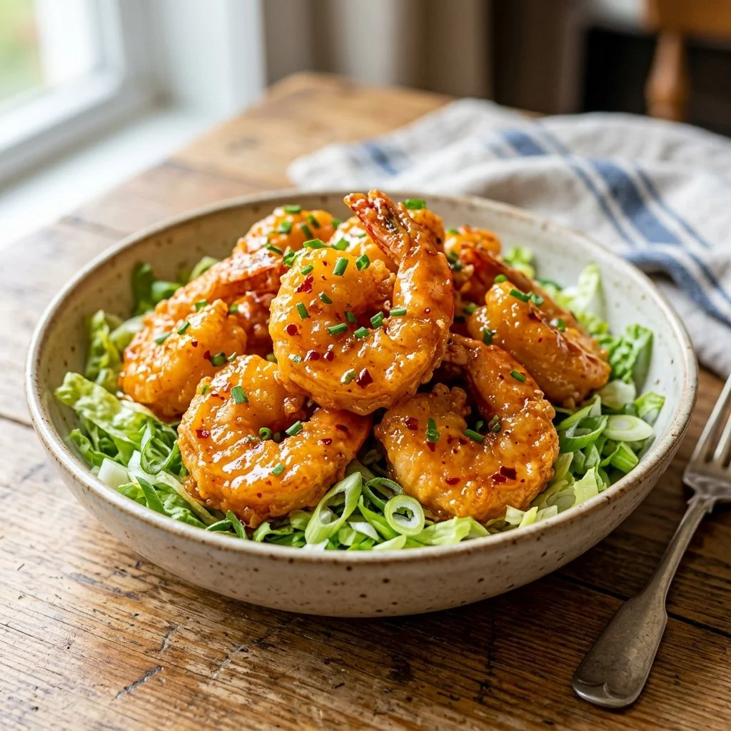 Delicious plate of Bang Bang Shrimp garnished for an appetizing seafood dish.