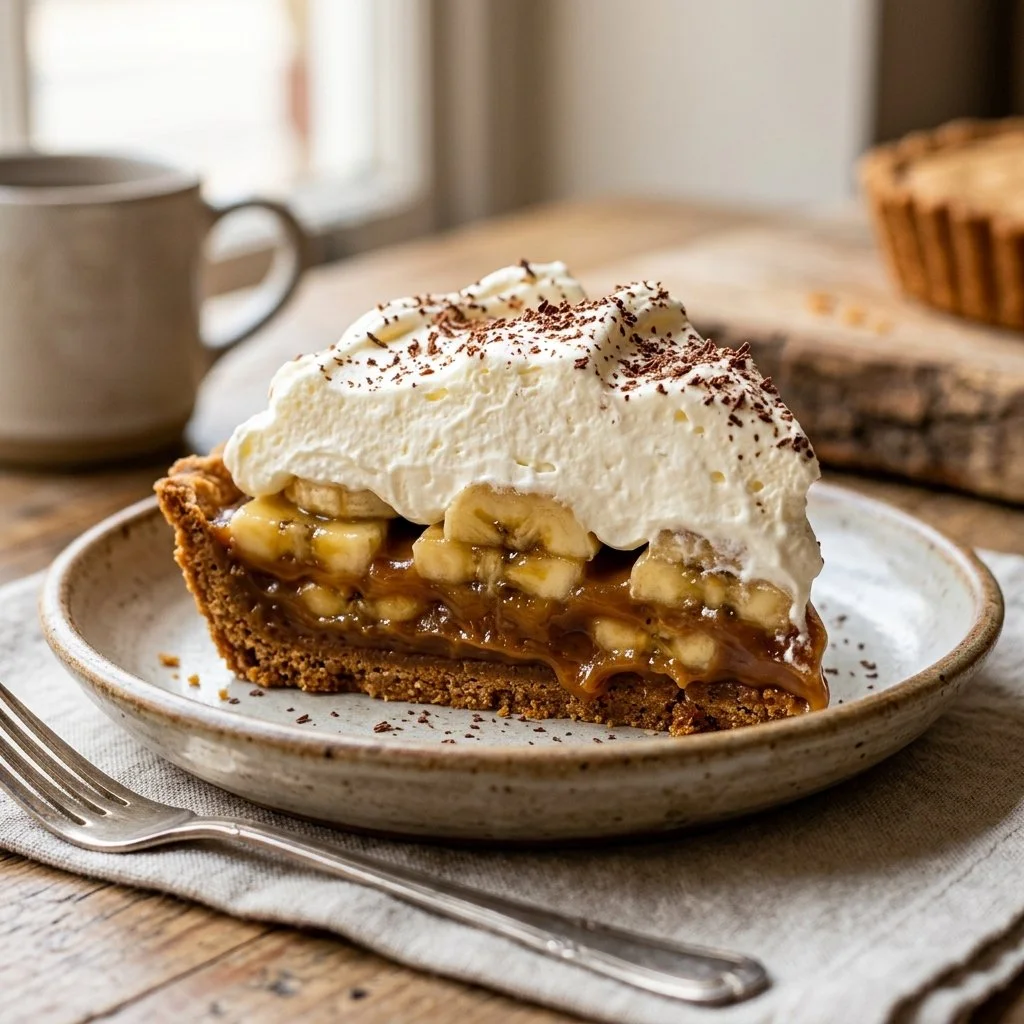 Delicious homemade Banoffee Pie with bananas, toffee, and whipped cream
