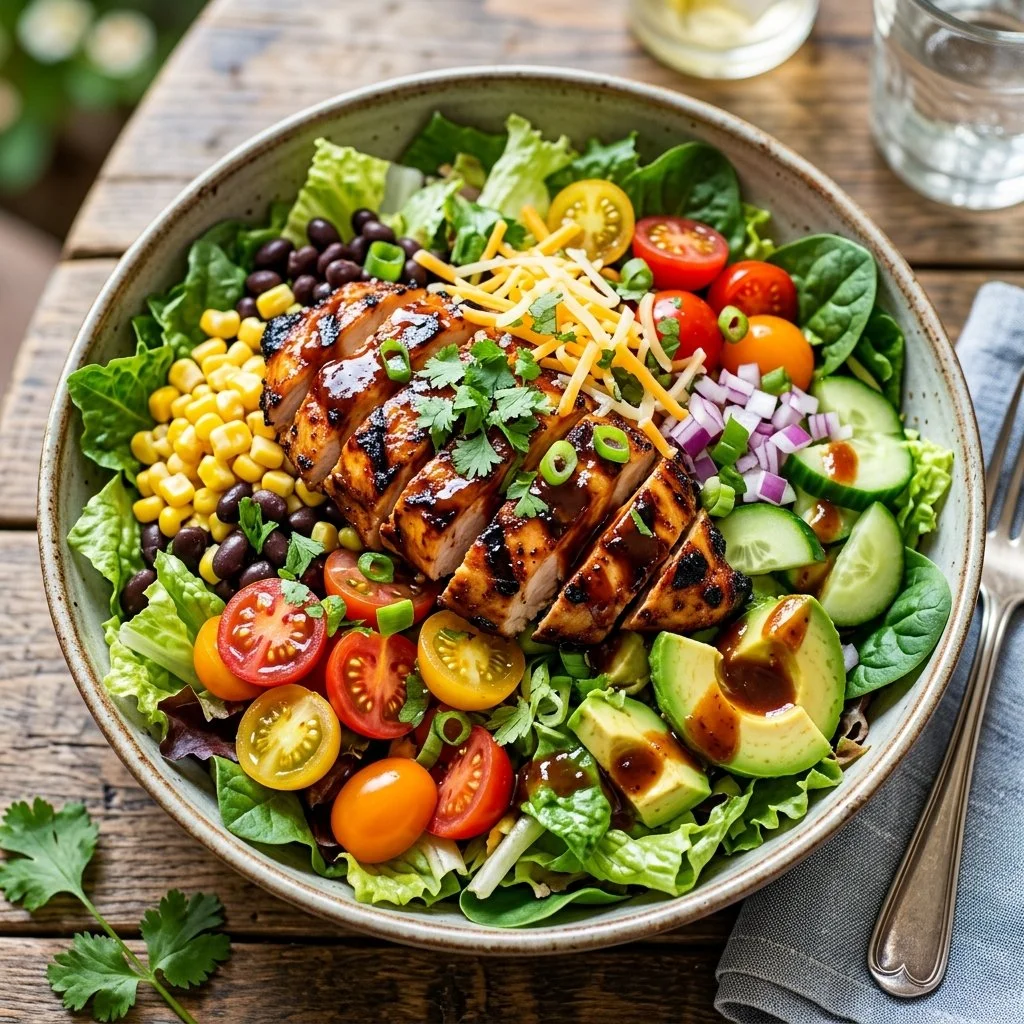 BBQ chicken salad with grilled chicken, fresh vegetables, and BBQ dressing