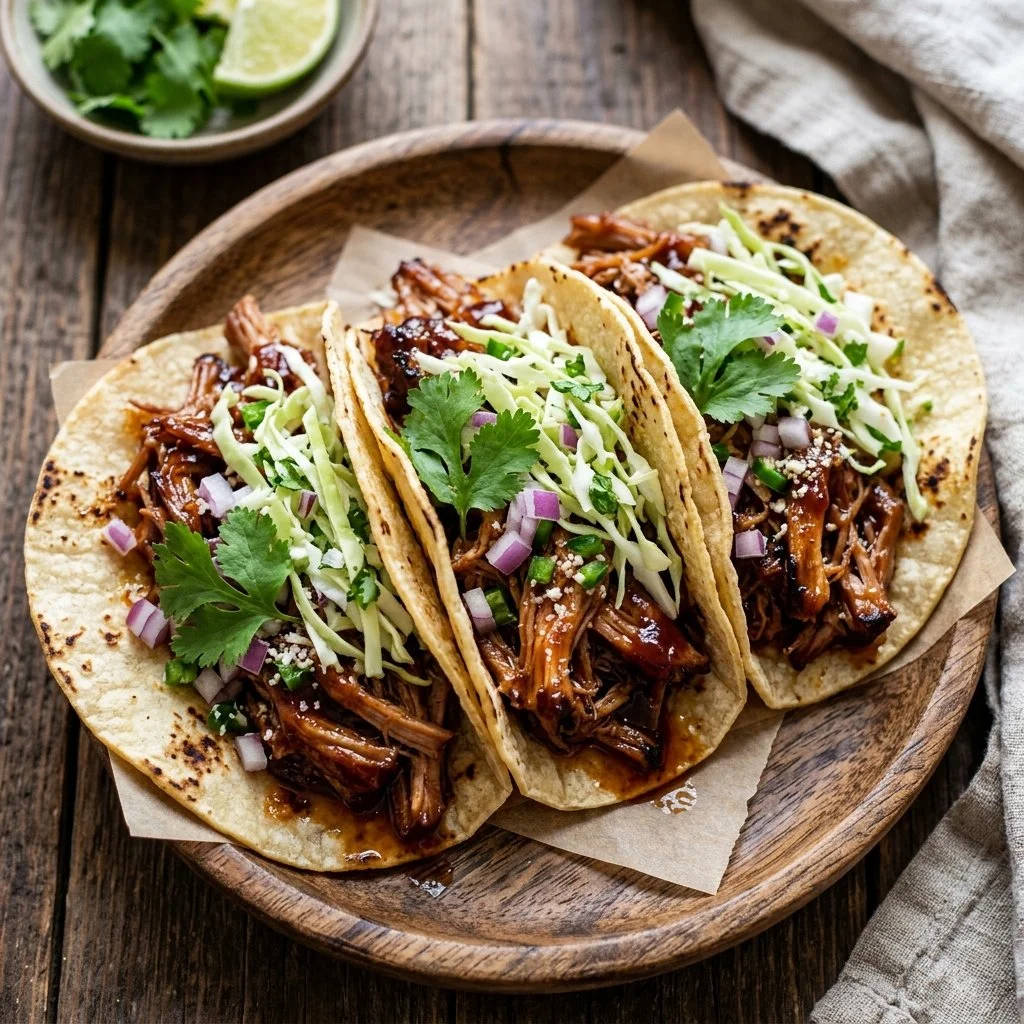 Delicious BBQ pulled pork tacos topped with fresh ingredients