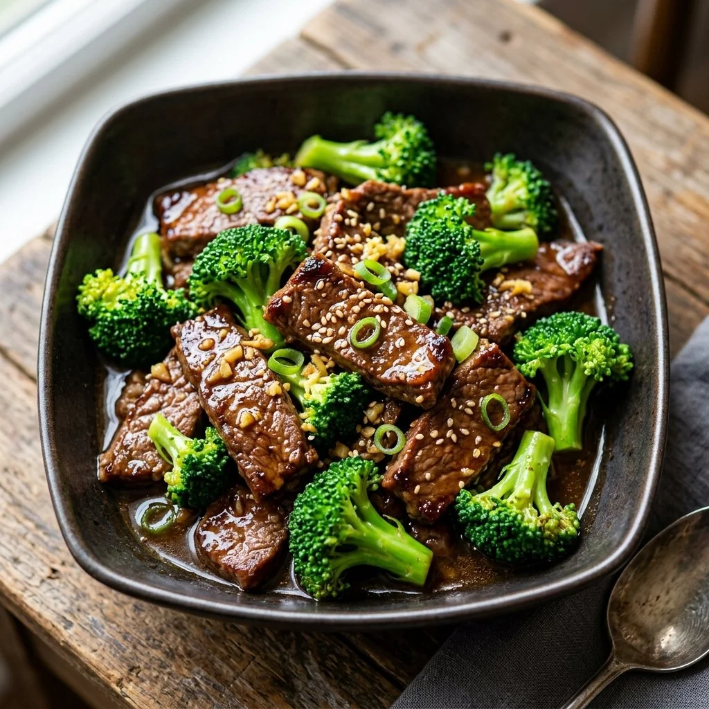 Delicious beef and broccoli stir-fry served in a bowl