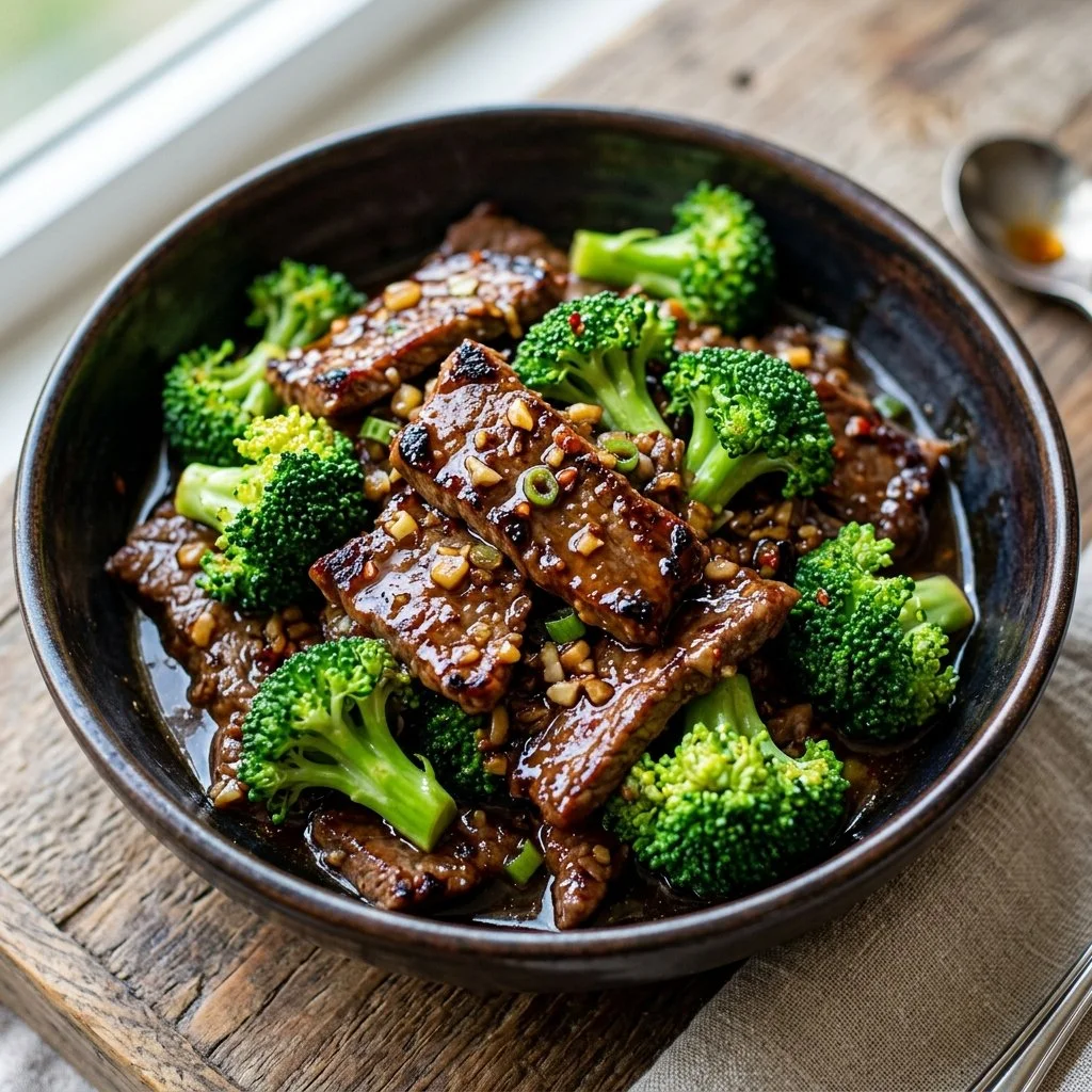 Beef and broccoli stir fry dish on a plate with rice and vegetables