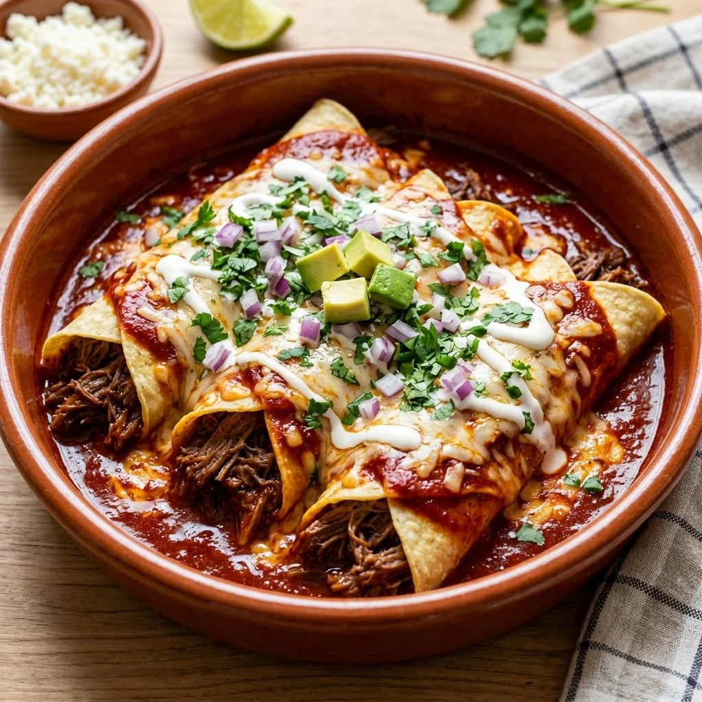 Delicious homemade beef enchiladas topped with melted cheese and fresh toppings.