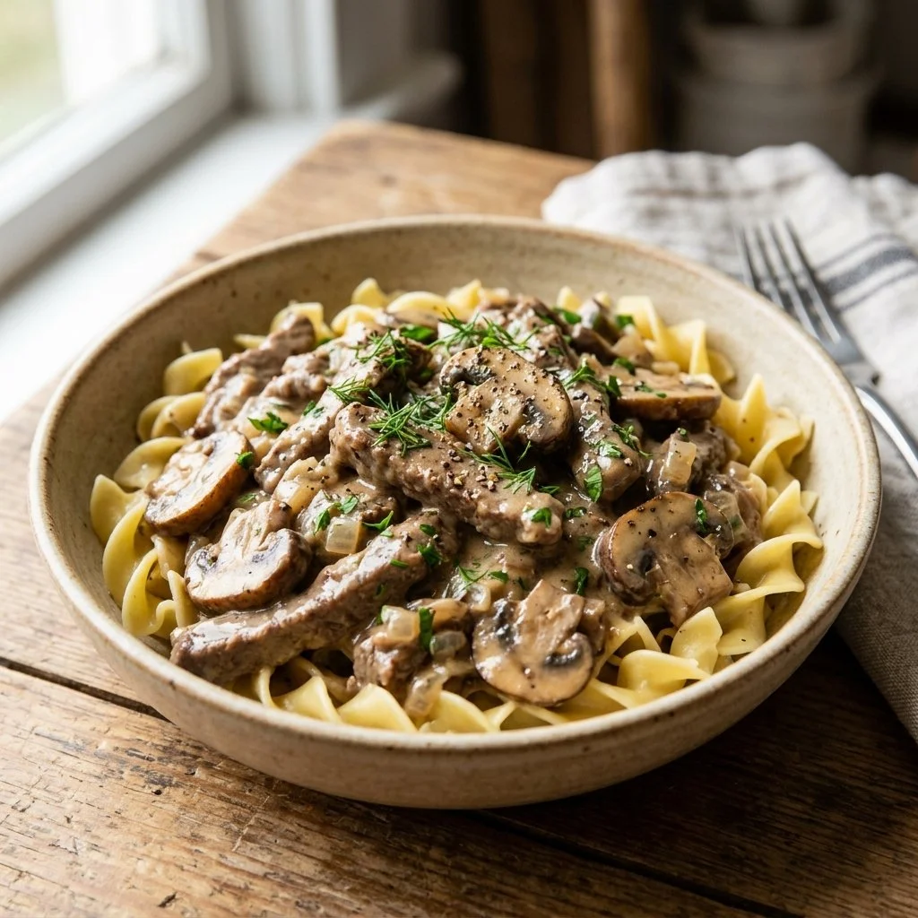 Delicious Beef Stroganoff served with egg noodles and garnished with parsley