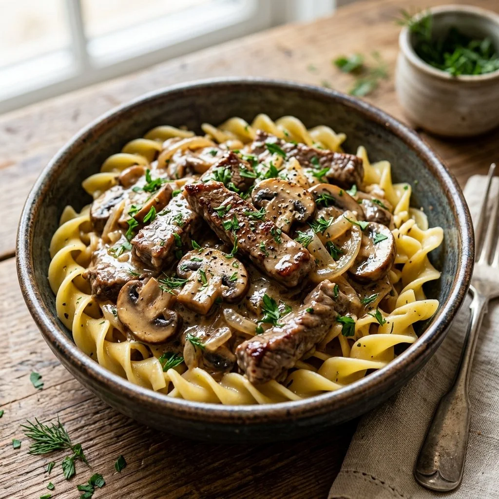Bowl of creamy Beef Stroganoff with pasta and mushrooms