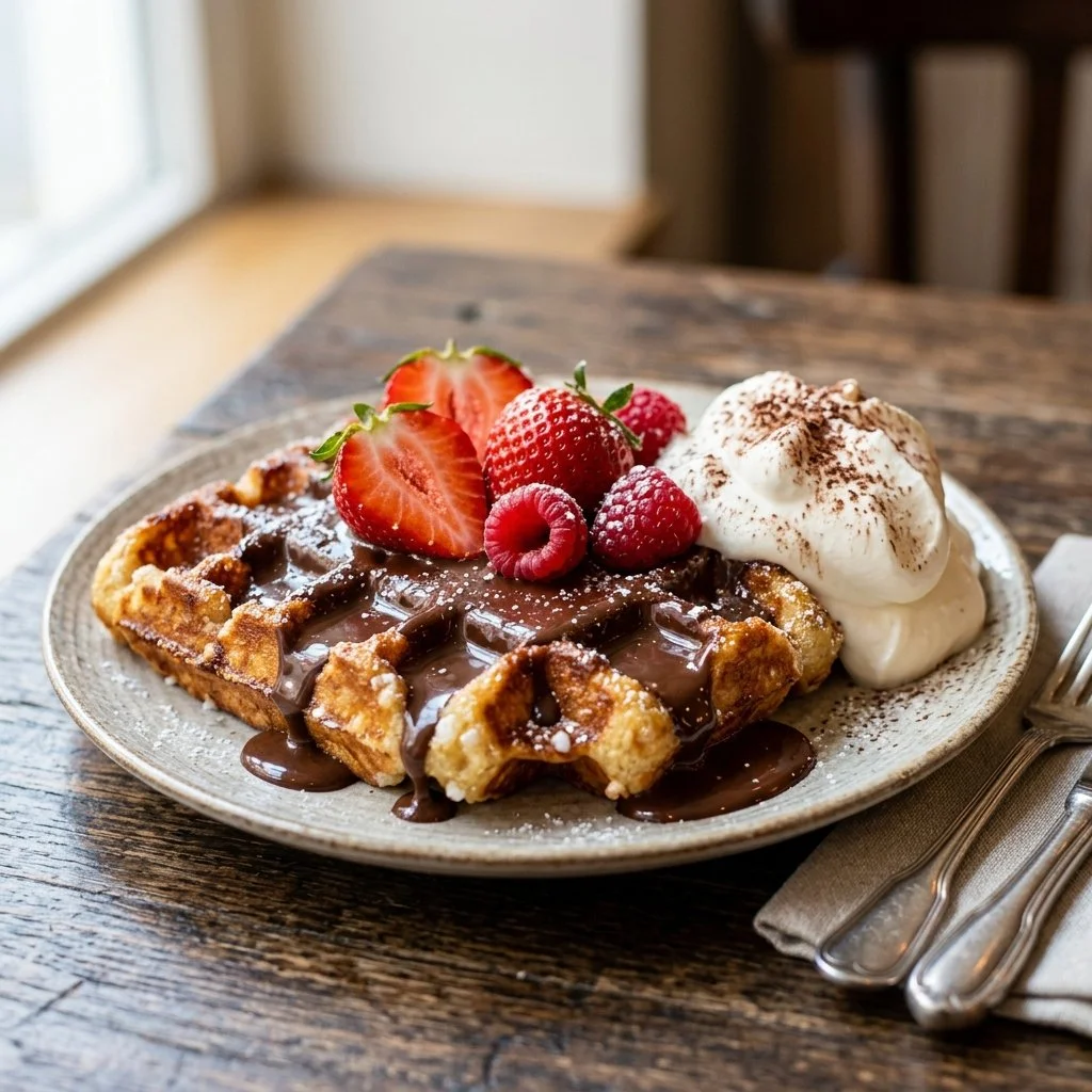 Delicious Belgian waffles served with fresh strawberries and whipped cream