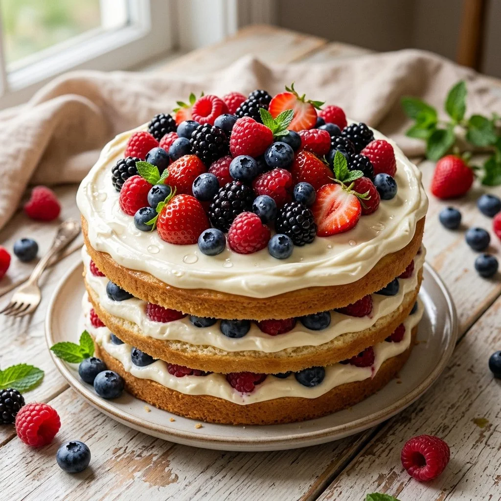 Berry Chantilly Cake with fresh berries and whipped cream frosting