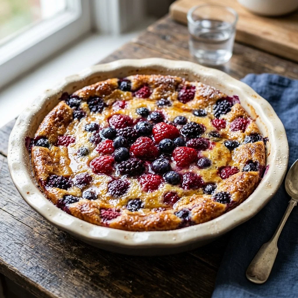 Delicious homemade Berry Clafoutis dessert with fresh berries
