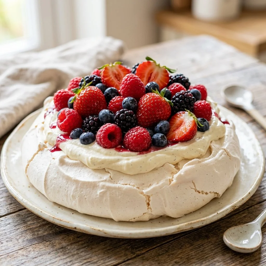 Delicious Berry Pavlova dessert topped with fresh berries and whipped cream