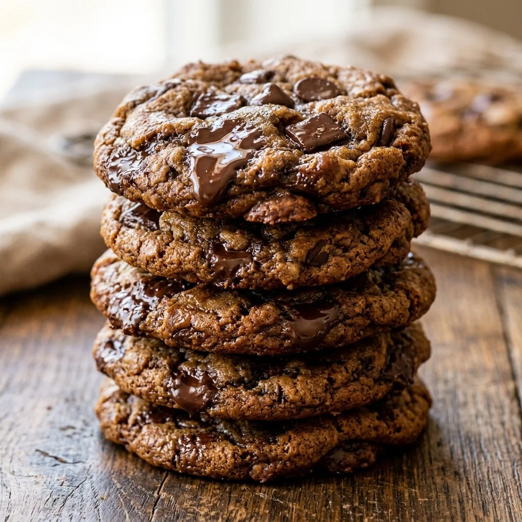 Freshly baked chocolate chip cookies stacked on a plate