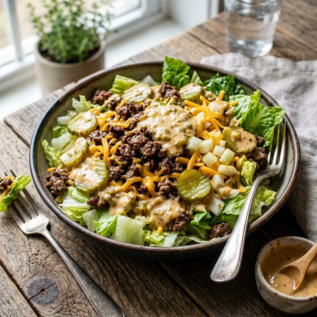 Delicious Big Mac Salad with fresh ingredients and dressing