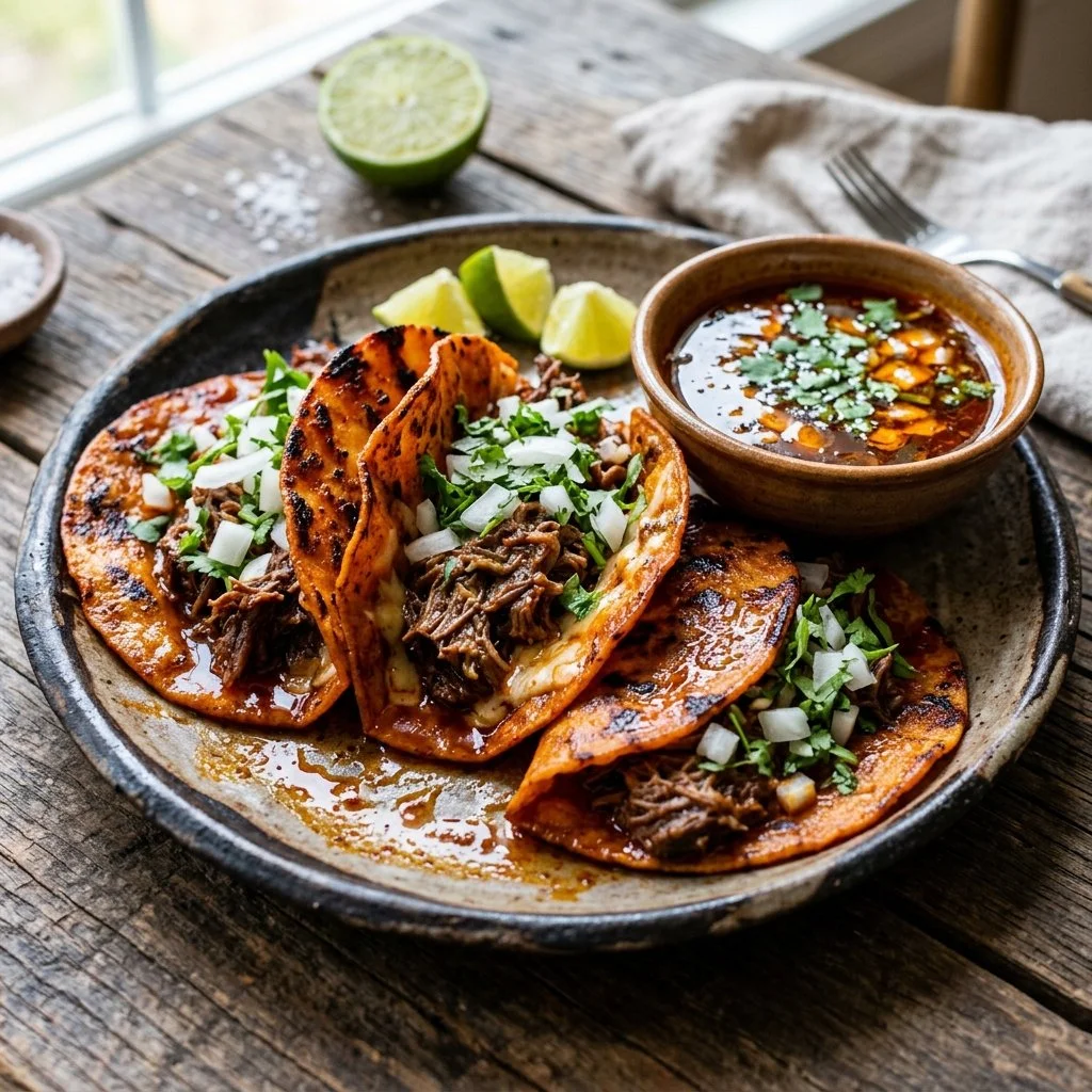 Delicious Birria Tacos served with consome and garnishes