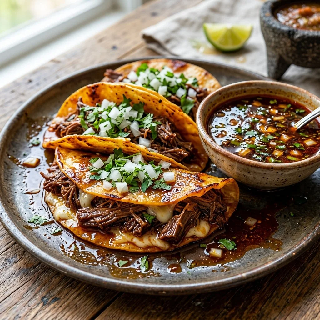Delicious Birria Tacos served with consommé and fresh toppings.