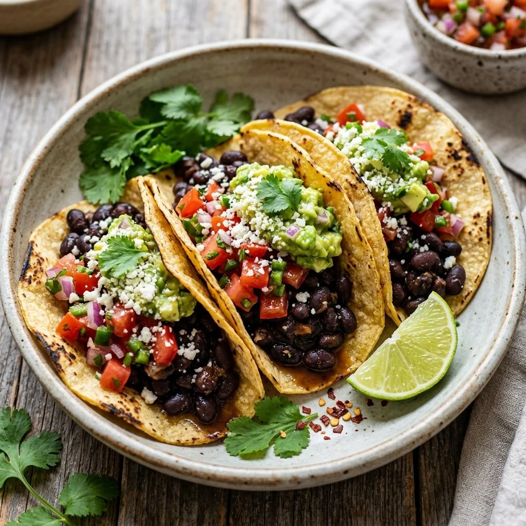 Plate of flavorful black bean tacos topped with fresh vegetables