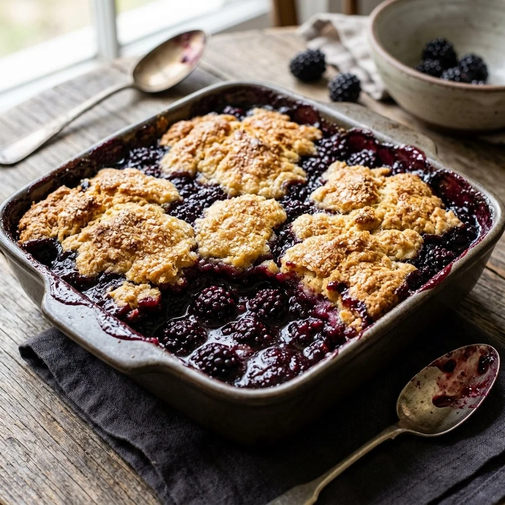 Freshly baked blackberry cobbler with a golden crust and juicy blackberries.