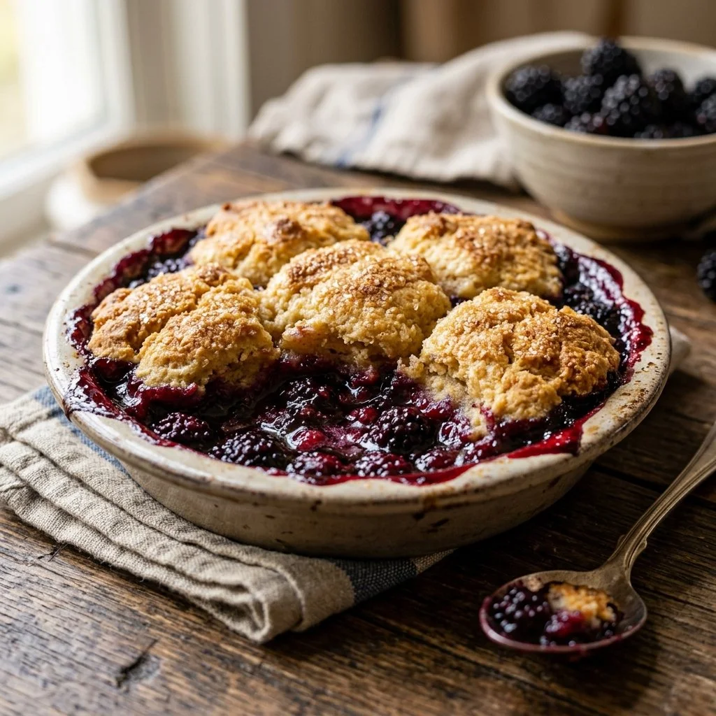 Homemade blackberry cobbler with fresh blackberries and golden crust