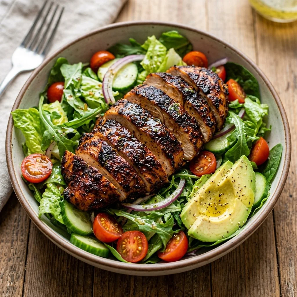 Delicious Blackened Chicken Salad served with fresh vegetables and a tangy dressing