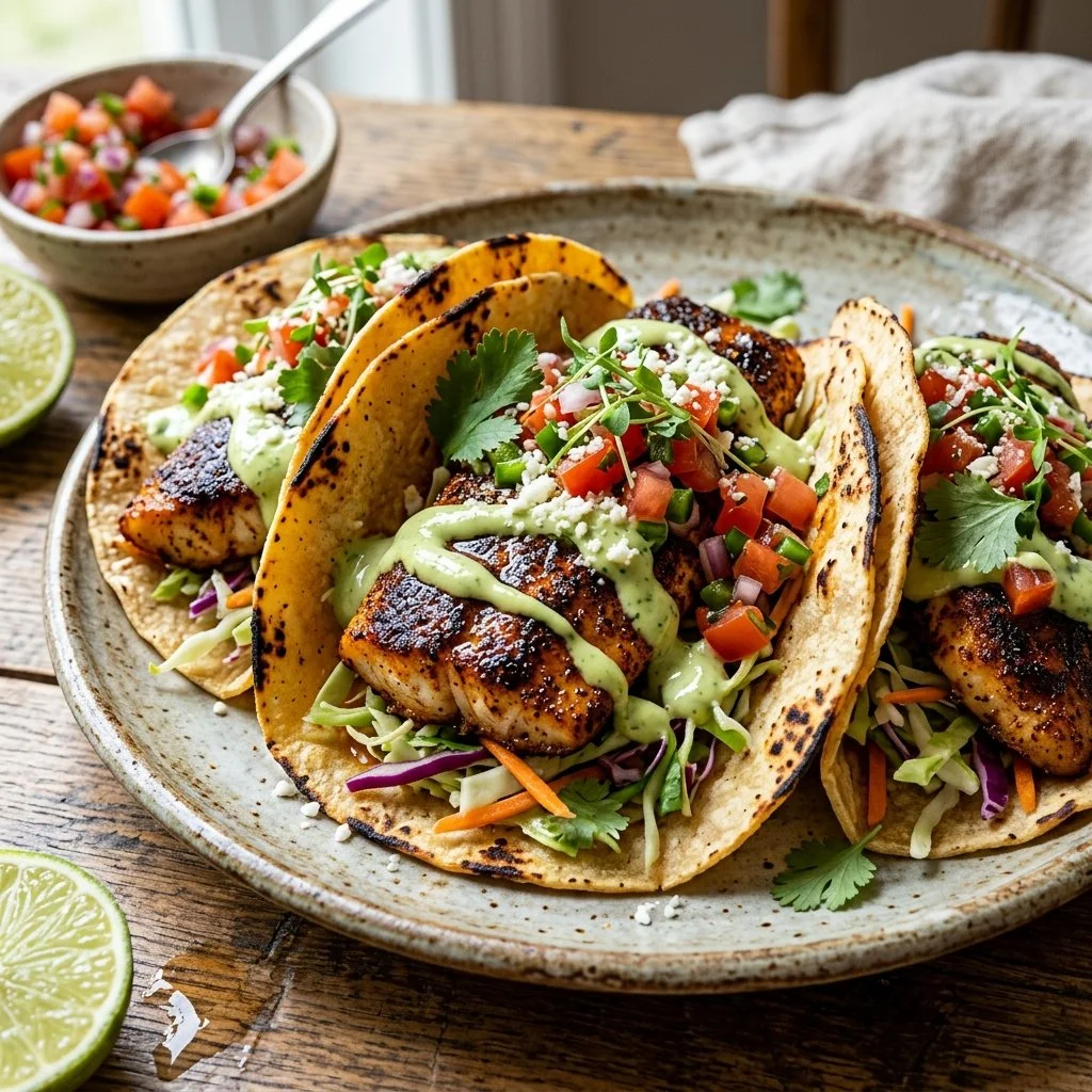 Delicious blackened fish tacos served with fresh toppings and lime.