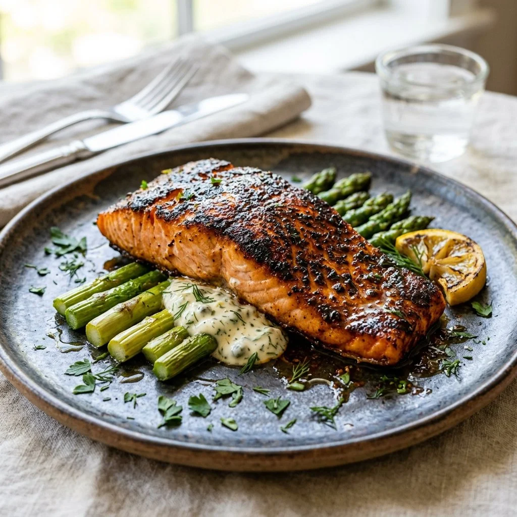 Delicious blackened salmon with aromatic spices served on a plate