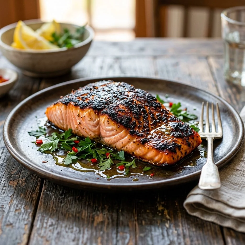 Delicious plate of blackened salmon with spices and herbs