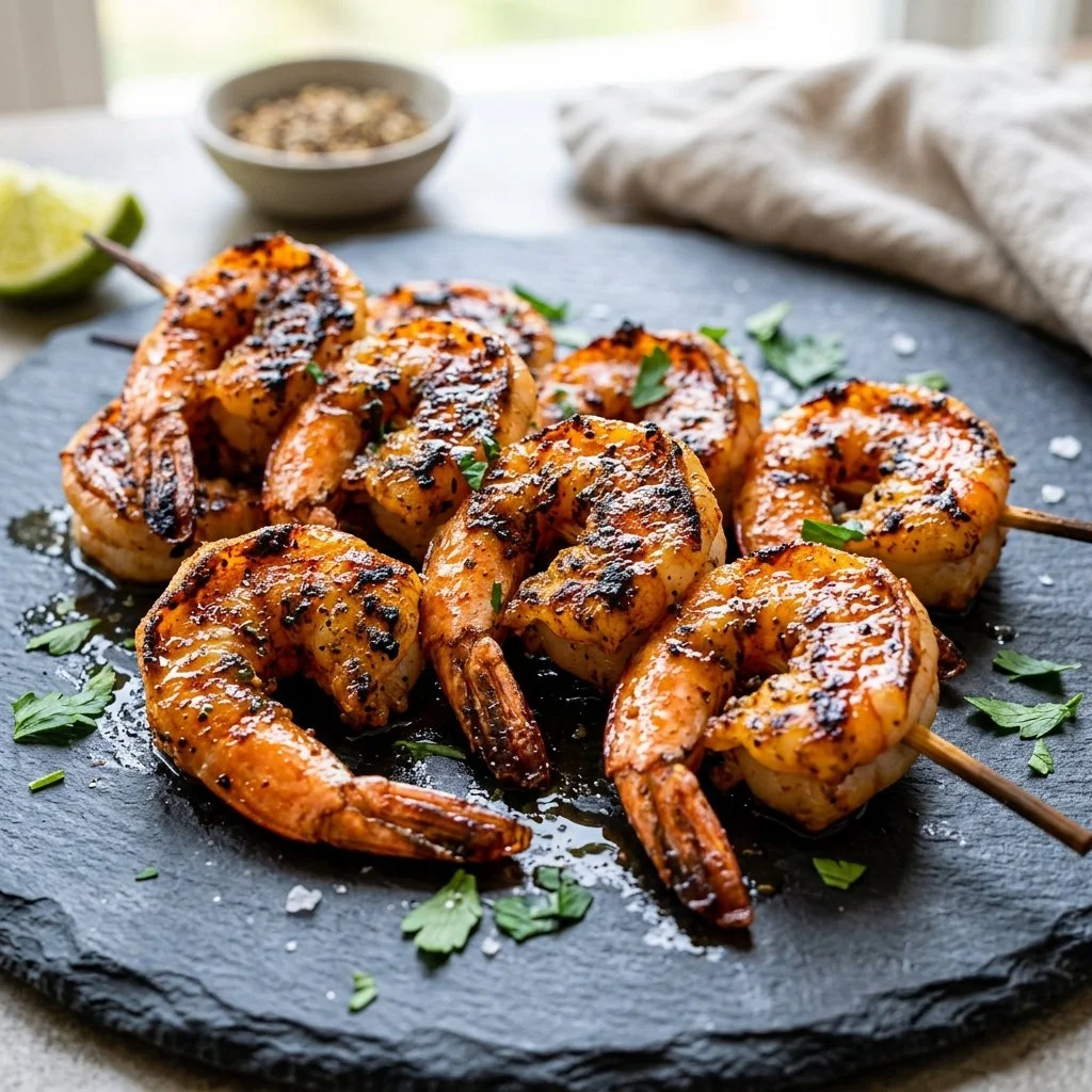 A plate of blackened shrimp skewers ready for grilling.