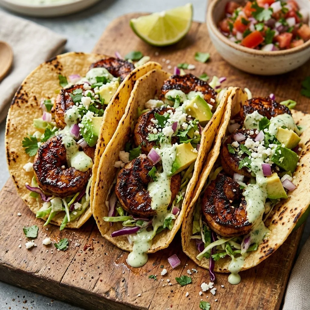 Delicious blackened shrimp tacos served with fresh toppings and lime wedges