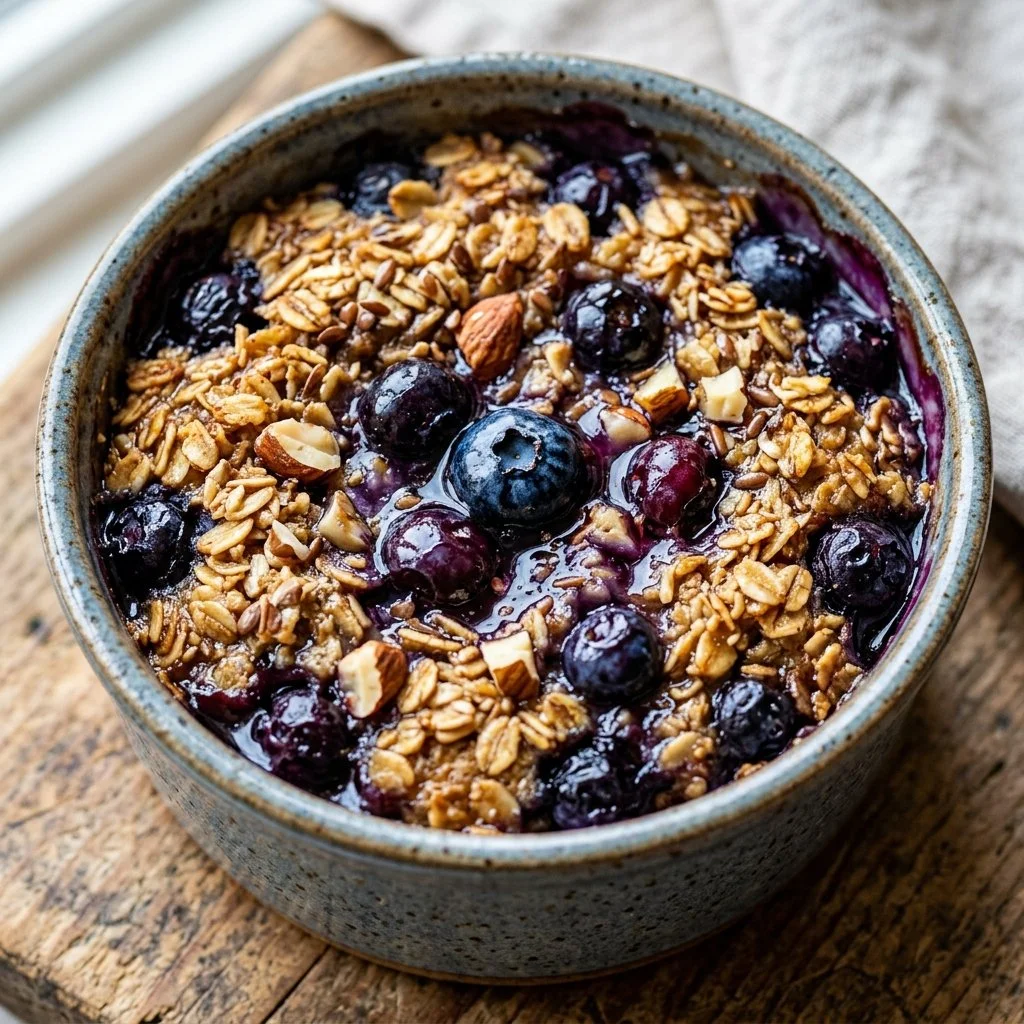 Delicious blueberry baked oatmeal served in a bowl