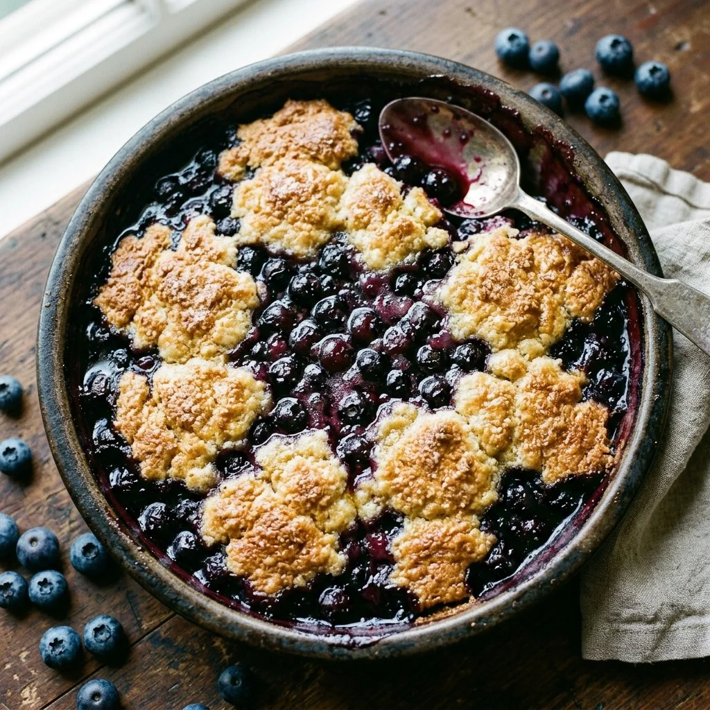 Homemade blueberry cobbler served in a dish with fresh blueberries and a golden crust