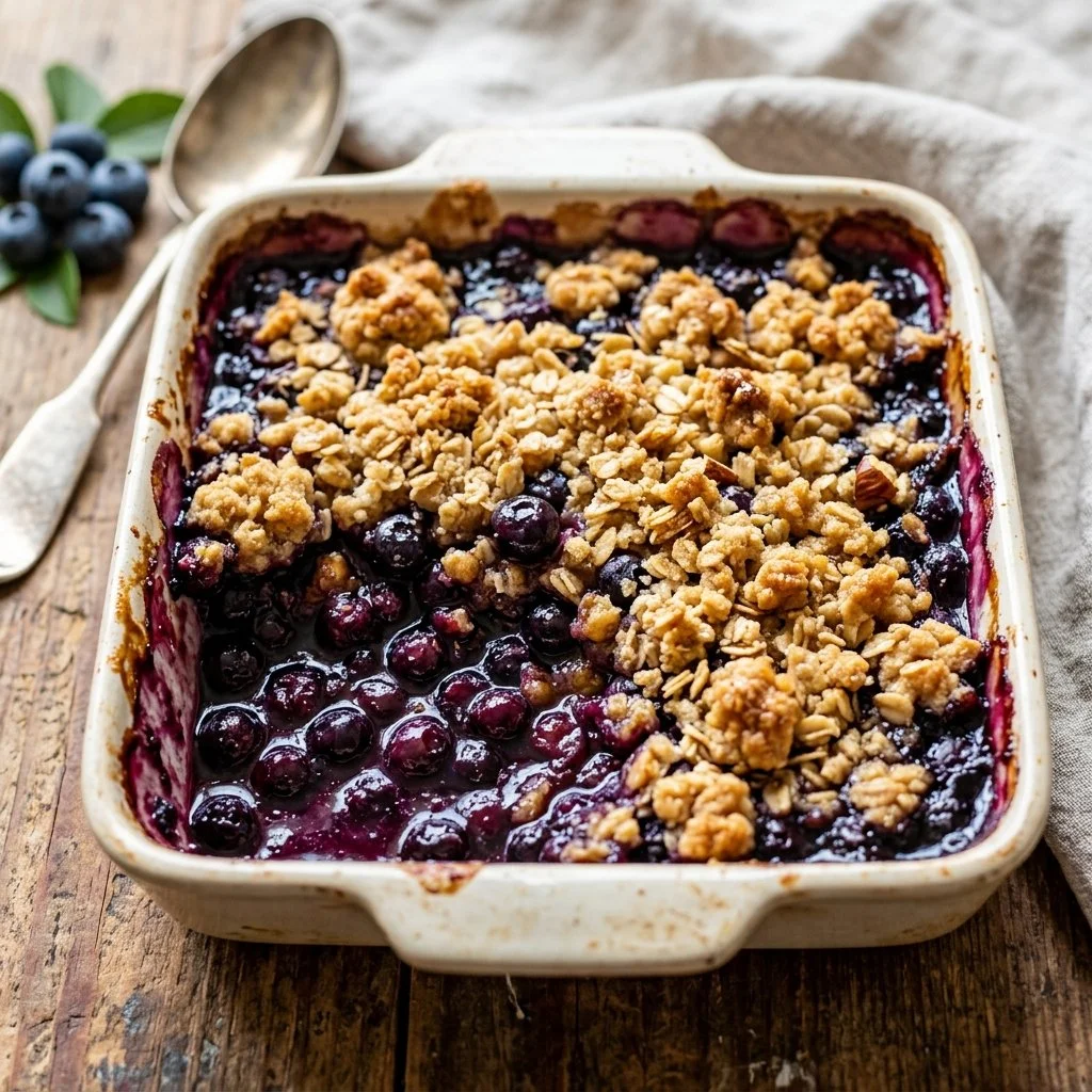 Delicious homemade blueberry crumble dessert in a baking dish.