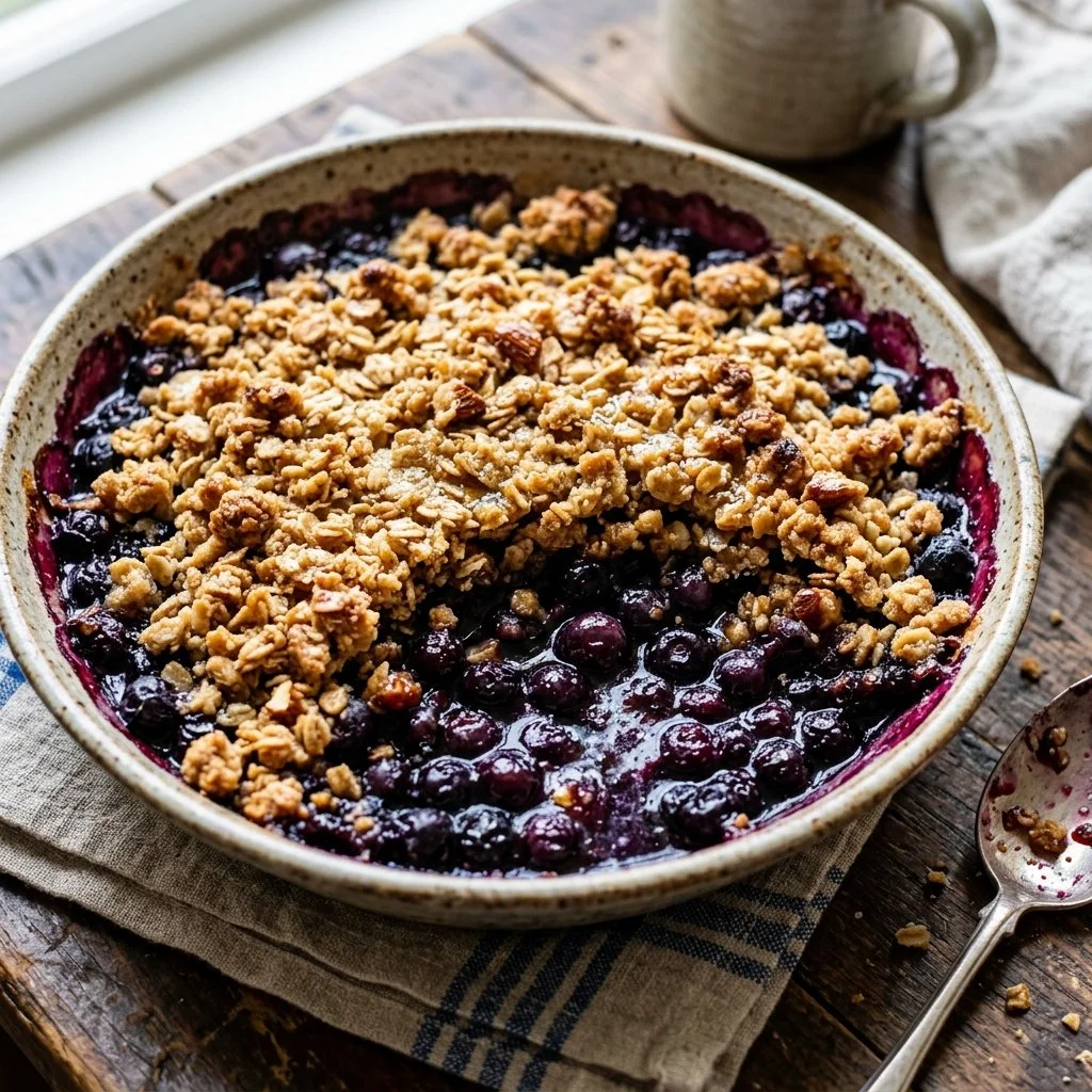 Delicious blueberry crumble dessert with fresh blueberries and crisp topping.